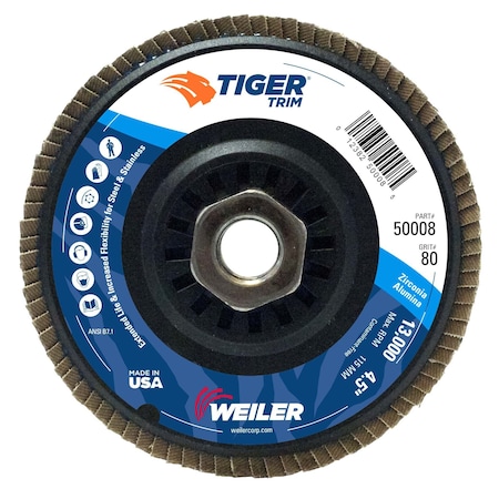 4-1/2 Tiger Trim Abrasive Flap Disc, Conical (Ty29), Trimmable Backing, 80Z, 5/8-11 Unc Nut